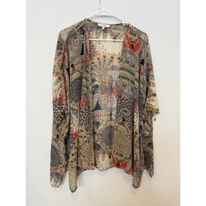 Umgee Boho Feather Print Kimono Pompom Trim Small/Medium